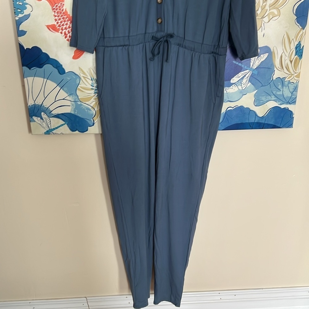 Garnet Hill Relaxed Fit French Terry Ankle Length V-neck Jumpsuit in Blue - M - Picture 5 of 9